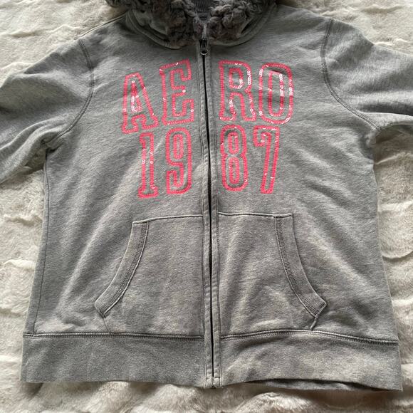 🔥Aeropostale Y2K Faux Fur Hood Sequins Spell Out Full Zip Gray Sweatshirt Sz XL - Picture 3 of 16